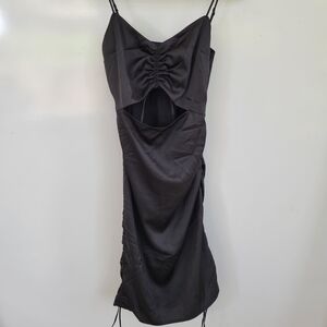 Hollister Black Satin Mini Dress with Ruched Front and Cutout